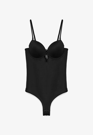 Body nero con design aderente, coppe imbottite, spalline regolabili e un dettaglio decorativo sulla parte anteriore con una texture liscia.