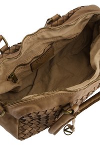 Tan leather handbag with woven texture, featuring a beige fabric lining, zipper closure, and gold-toned hardware accents.