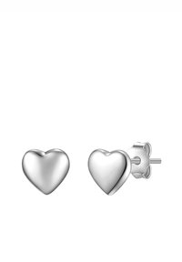 Pendientes de botón en forma de corazón plateado con una superficie lisa y brillante y un respaldo en forma de flor. Diseño compacto adecuado para uso diario.