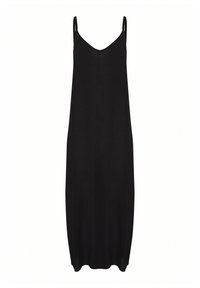 Schwarzes ärmelloses Kleid mit V-Ausschnitt, lockerer Passform, weichem Material und seitlichen Schlitzen; minimalistisches Design ohne zusätzliche Muster oder Akzente.