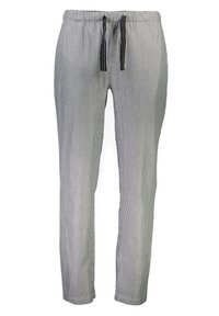 Gestreepte broek met een elastische tailleband en zwarte trekkoord. Gemaakt van een lichte stof in grijs en wit, met een rechte pijpdesign.