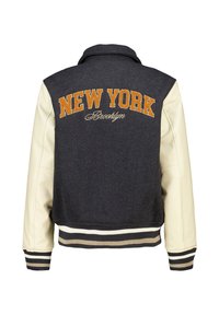 Dark gray and cream varsity jacket with "NEW YORK Brooklyn" embroidered in orange and white on the back, ribbed cuffs, and waistband.