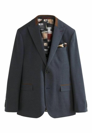 Blazer da uomo blu scuro con dettagli in pelle marrone, due tasche frontali e una fodera a motivo che presenta immagini e texture vintage.
