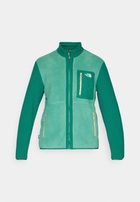 Fleece bunda ve dvou odstínech zelené. Obsahuje plný zip, vysoký límec, náprsní kapsu se zipem a dvě postranní kapsy.