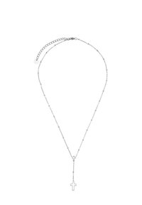 Collier en chaîne en argent arborant un pendentif croix délicat. Le design comprend de petites perles le long de la chaîne et une longue descente avec une seconde croix.