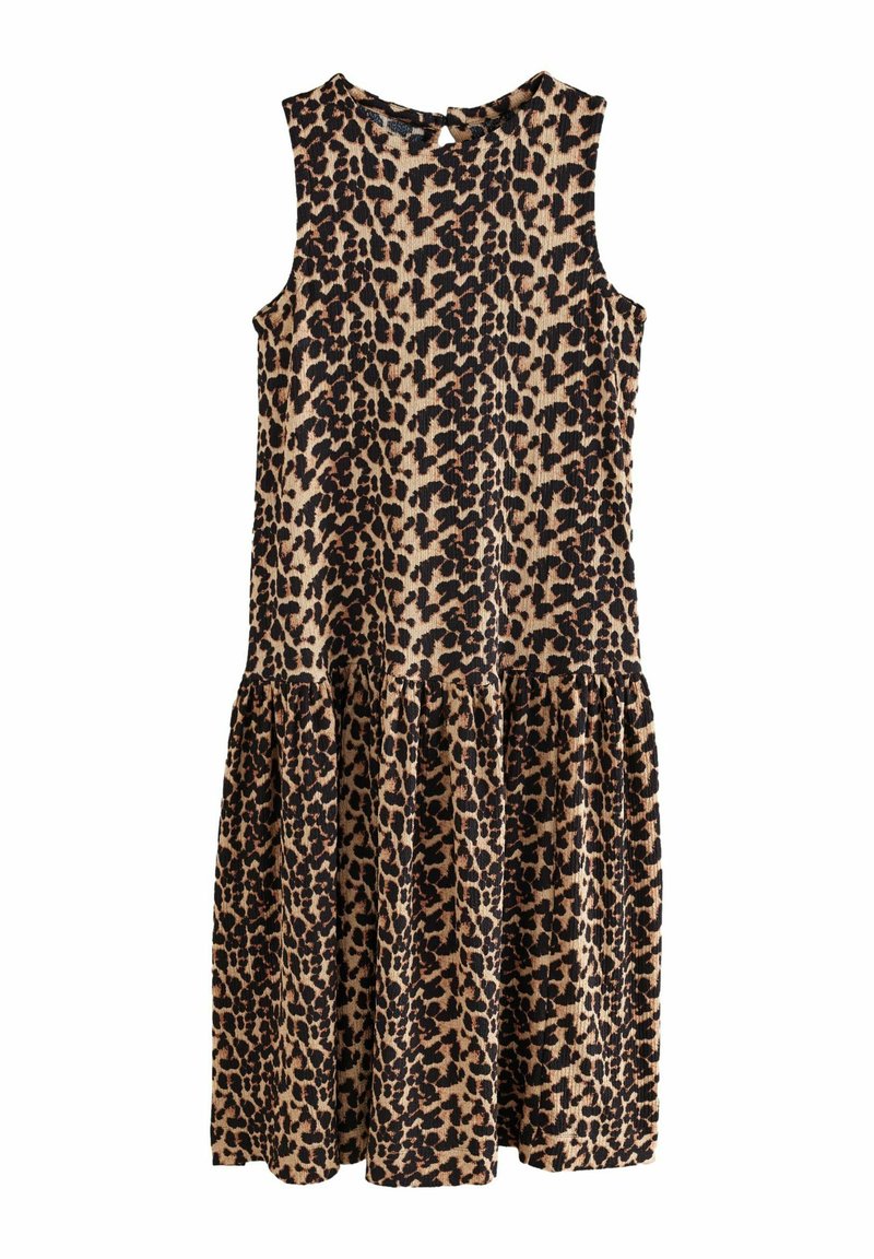Leopardmönstrad klänning gjord av texturerad tyg, med rund halsringning och en utsvängd kjol med en rynkad fåll.