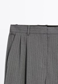 Gray pinstriped trousers with a pleated front, featuring a flat waistband and looped accents. The fabric appears textured and structured.
