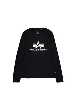 Sort langærmet T-shirt lavet af bomuld, med et stort hvidt logo med tre horisontale striber over brystet.