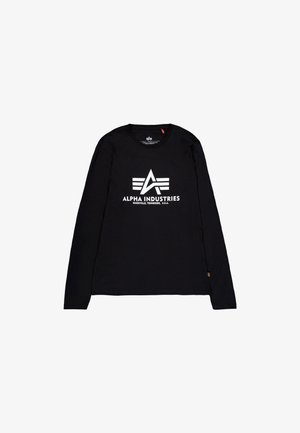 Sort langærmet T-shirt lavet af bomuld, med et stort hvidt logo med tre horisontale striber over brystet.