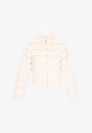 Fehér műszőrméből készült, cropped kabát bordás dizájnnal, magas gallérral és elülső cipzárral. Puffasztott, hengeres ujjai vannak, amelyek extra térfogatot adnak.