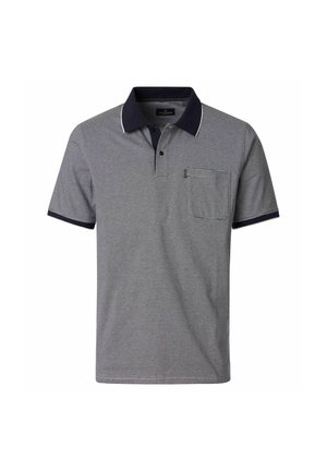 Korte mouwen heren polo met fijne horizontale marineblauwe en witte strepen, marineblauwe kraag, mouwboorden en een borstzak aan de linkerkant.