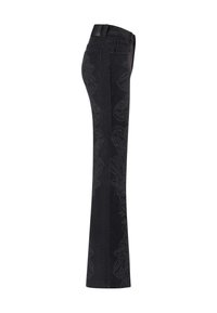 Schwarze Jeans im Schlagstil mit aufwendiger Ton-in-Ton-Stickerei an der Seite. Standard Fünf-Taschen-Design mit einer figurschmeichelnden Taille.