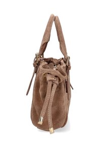 Borsa a secchiello in suede marrone con cima arricciata, doppi manici e dettagli in metallo dorato per la chiusura e il fissaggio della tracolla.