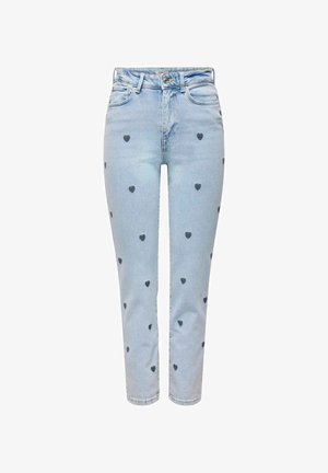 Hellblaue Jeans aus Denim mit geradem Schnitt, versehen mit verstreuten kleinen schwarzen Herzmustern und klassischem Fünf-Taschen-Design.