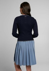 Marineblauwe gebreide trui met een zigzagpatroon op de rug, gecombineerd met een lichtblauwe geplooide rok met een gestructureerde stofafwerking.