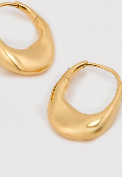 Kullatud rõngaskõrvarõngad sileda ja ümarate joontega. Pind on poleeritud, peegeldades valgust, ja omab sujuvat sulgemist, mis tagab lihtsa kasutamise.