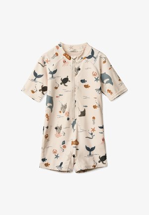 Rövid ujjú, cipzáras búvárruha, világos bézs anyagból, színes tengeri élővilág mintákkal, beleértve teknősöket, halakat és medúzákat.