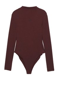 Langsleeve bodysuit in donker bordeaux. Gemaakt van zachte stof met een aansluitende pasvorm. Heeft een hoge halslijn en een thong-achtige onderkant. Gladde textuur.