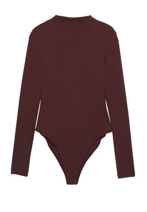 Long-sleeve bodysuit in dark burgundy. Made from soft fabric with a fitted shape. Features a high neckline and a thong-style bottom. Smooth texture.