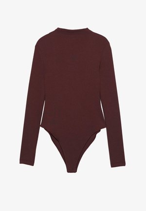 Long-sleeve bodysuit in dark burgundy. Made from soft fabric with a fitted shape. Features a high neckline and a thong-style bottom. Smooth texture.