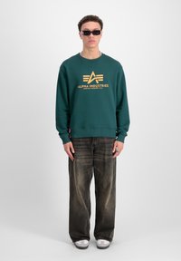 Sudadera verde con el logo dorado "Alpha Industries", pantalones oscuros holgados y zapatillas blancas. Modelo con gafas de sol negras, de pie contra un fondo liso.