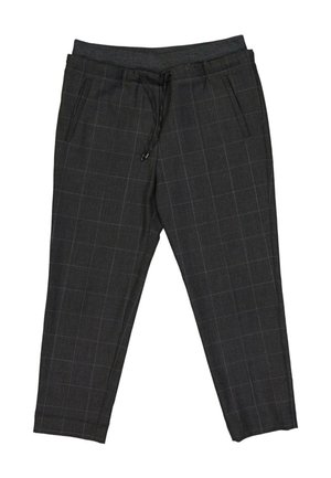 Pantalon à carreaux gris foncé avec taille élastique et cordon, avec poches latérales et jambes fuselées.