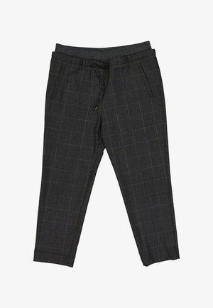 Pantalon à carreaux gris foncé avec taille élastique et cordon, avec poches latérales et jambes fuselées.