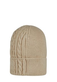 Beige Strickmütze mit einem strukturierten Zopfmuster und umgeschlagenem Saum. Hergestellt aus weichem Garn, hat sie eine runde Oberform.