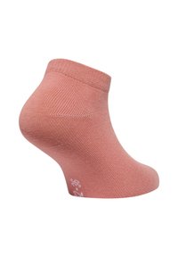 Rosa ankelstrumpa med ribbad textur, låg skärning och vit blommönstring på sidan. Tillverkad av mjukt, elastiskt material för komfort.