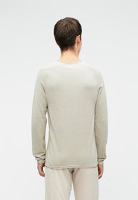 Maglione lavorato a maglia grigio chiaro con maniche lunghe, tessuto testurizzato, scollatura rotonda e cuciture a contrasto sui bordi, visto da dietro.