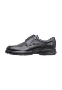 Scarpa in pelle nera con finitura liscia, design con lacci, cuciture rinforzate e suola in gomma imbottita per comfort e supporto.