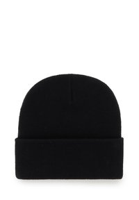 Black knit beanie hat with a folded cuff. The texture is ribbed, and the material appears soft and flexible. No patterns or additional accents.
