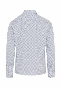 Chemise pour homme à manches longues avec un petit motif géométrique bleu et beige, vue de dos sur fond blanc.