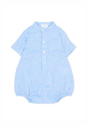 Jasnoniebieski, niemowlęcy kombinezon z krótkim rękawem, z zapięciem na guziki z przodu, elastycznymi otworami na nogi oraz małą kieszonką na piersi.