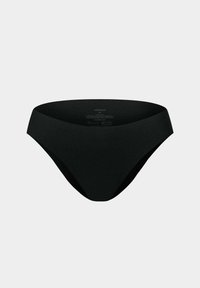 Culotte de bikini noire en tissu lisse et extensible avec un design minimaliste ; dotée d'une large taille élastique et sans coutures visibles.