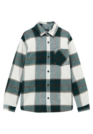 Košile s dlouhým rukávem na knoflíky s velkým kostkovaným vzorem v zelené, bílé a hnědé barvě a náprsní kapsou na bílém pozadí.