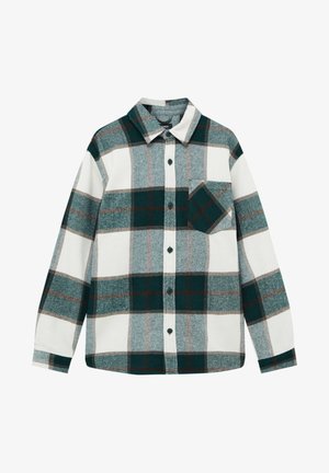 Camicia a maniche lunghe con bottoni, motivo a quadri grandi verde, bianco e marrone, con taschino sul petto, su sfondo bianco.