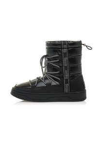 Botas de tobillo negras con un diseño acolchado, con suela de goma, cordones texturizados y logotipos en el costado y el talón.