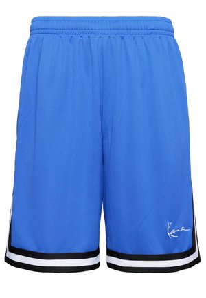 Blauwe sportshorts met elastische tailleband, zwart-witte strepen bij de zoom en een kleine witte handtekening op het linkerbeen.