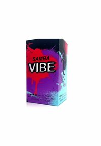 Lilla og blå gradientboks med livlige pink og røde malerpletter. Fed sort tekst står der "SAMBA VIBE" samt yderligere produktoplysninger.