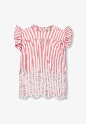 Robe pour tout-petit à rayures verticales roses et blanches avec manches volantées et bordure en dentelle florale blanche à l'ourlet.