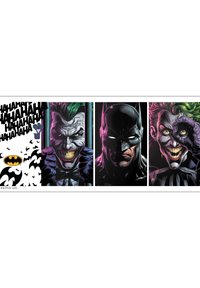 Fumetto con Batman e il Joker. Batman è di colore nero con un'espressione seria. Il Joker ha i capelli verdi e un ampio sorriso minaccioso. Lo sfondo include pipistrelli e del testo.