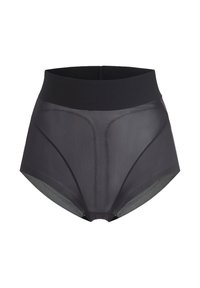 Zwarte high-waisted slips met een doorzichtige textuur, elastische tailleband en minimale stikdetails; kenmerkende gladde afwerking en modern snit.