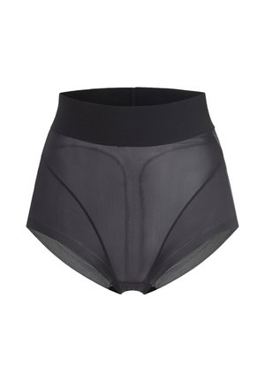 Svarta högmidjade trosor med en genomskinlig textur, elastisk midjeband och minimala sömnadsdetaljer; distinkt slät yta och modern skärning.