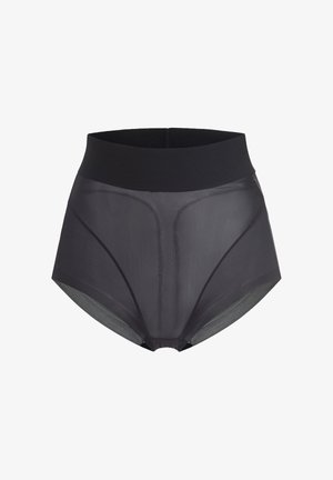 Svarta högmidjade trosor med en genomskinlig textur, elastisk midjeband och minimala sömnadsdetaljer; distinkt slät yta och modern skärning.