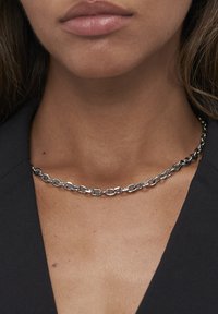Collana a catena d'argento composta da segmenti ovali collegati. Texture liscia con finitura lucida, aderente intorno al collo.