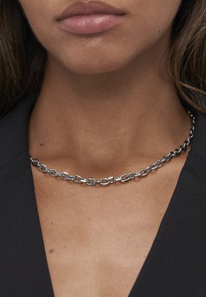 Collana a catena d'argento composta da segmenti ovali collegati. Texture liscia con finitura lucida, aderente intorno al collo.