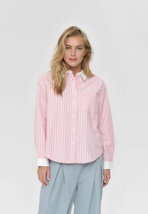 Pink striped button-up shirt with a white collar and pocket; made of lightweight fabric; features curved hem and long sleeves.