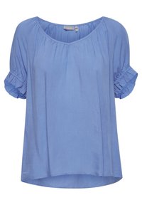 Jasnoniebieska bluzka z krótkim rękawem o luźnym kroju, z bufkowymi rękawami i szerokim dekoltem; wykonana z miękkiego, lekkiego materiału.