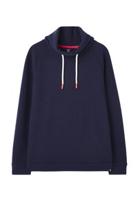 Námořnická mikina s př oversized kapucí, bílými šňůrkami s červenými konci a bočními kapsami. Měkká textura a ribbovaný lem.